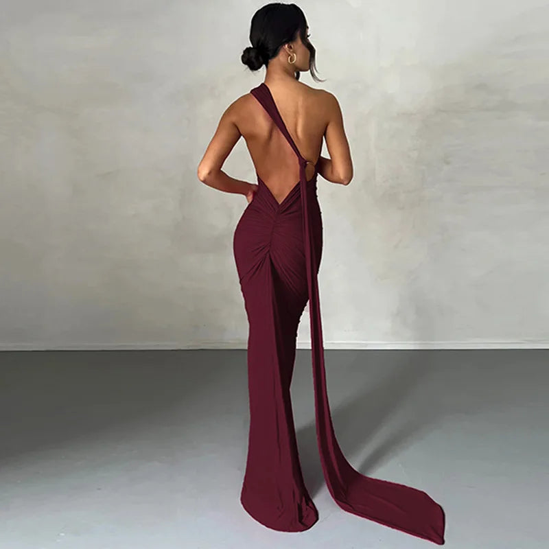Hugcitar One Shoulder Backless Adjustable Scarf Loop Ruched Sexy Maxi Dress Women Elegant Y2K Streetwear Festival Outfit