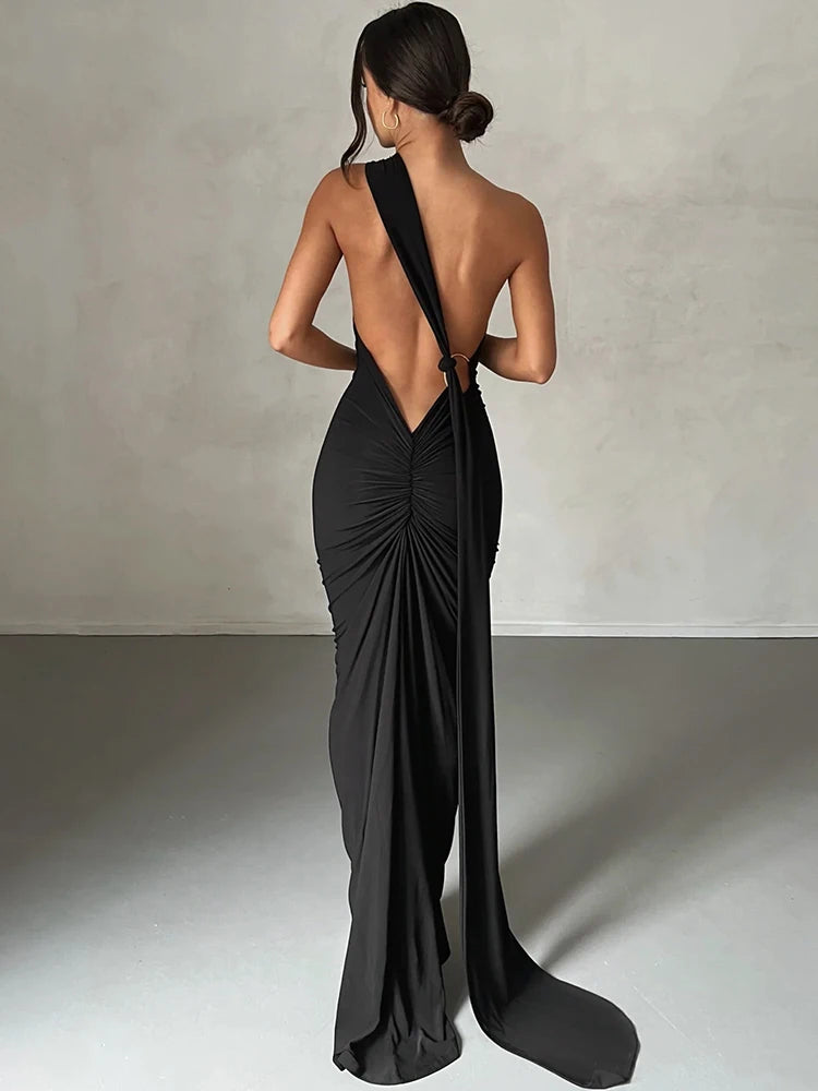 Hugcitar One Shoulder Backless Adjustable Scarf Loop Ruched Sexy Maxi Dress Women Elegant Y2K Streetwear Festival Outfit